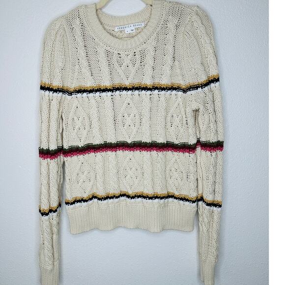Veronica Beard Bruna Cream Black Multi Stripe Chunky Knit Long Sleeve Sweater M - Picture 4 of 16